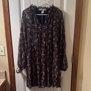Navy Paisley Long Sleeve Dress